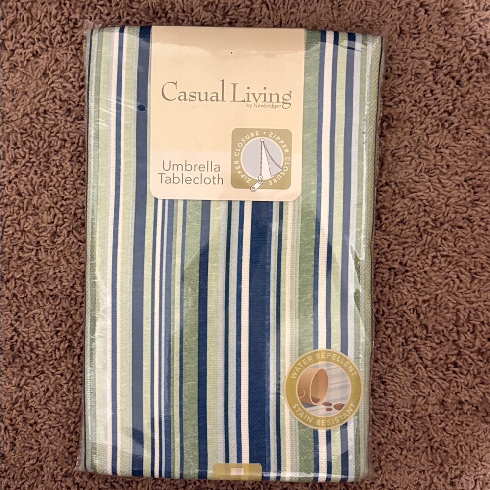 Outdoor Tablecloth- Casual Living Green and Blue Striped Umbrella Tablecloth